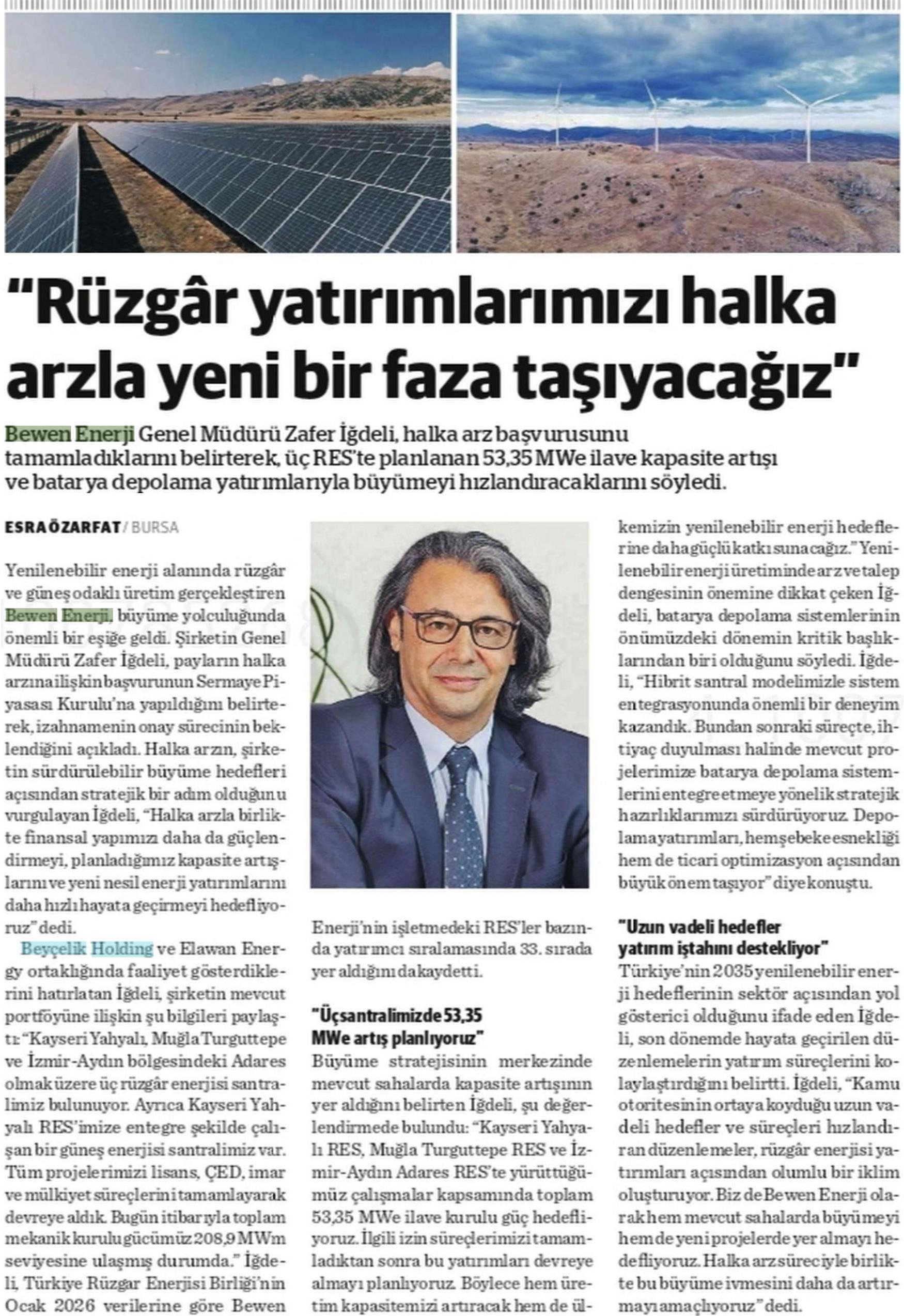 Rüzgar Yatırımlarımızı Halka Arz ile Yeni Bir Faza Taşıyacağız