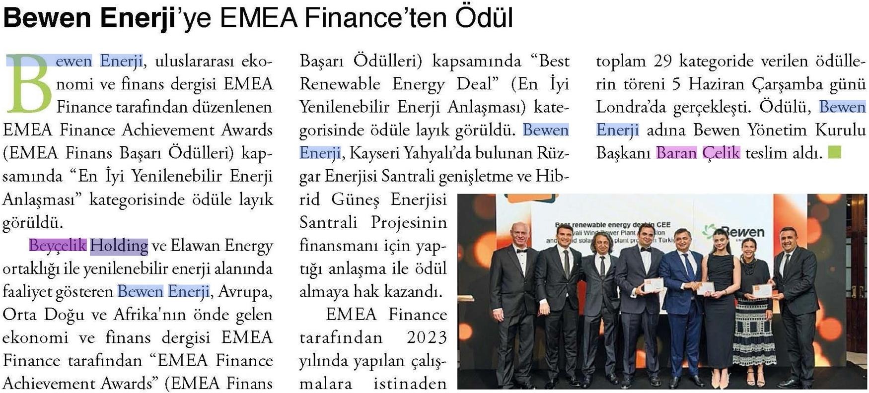 Bewen Enerji'ye EMEA'dan Ödül