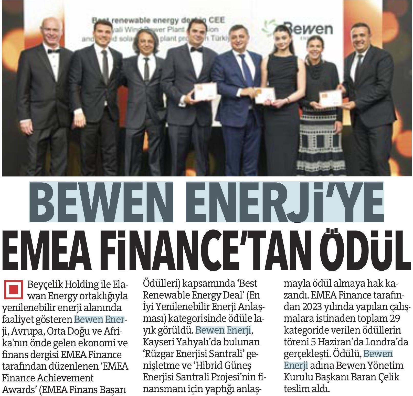 Bewen Enerji'ye EMEA Finance'ten Ödül 