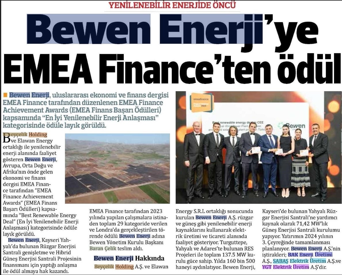 Bewen Enerji'ye EMEA Finance'ten Ödül 