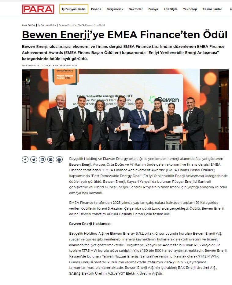 Bewen Enerjiye EMEA'dan Ödül